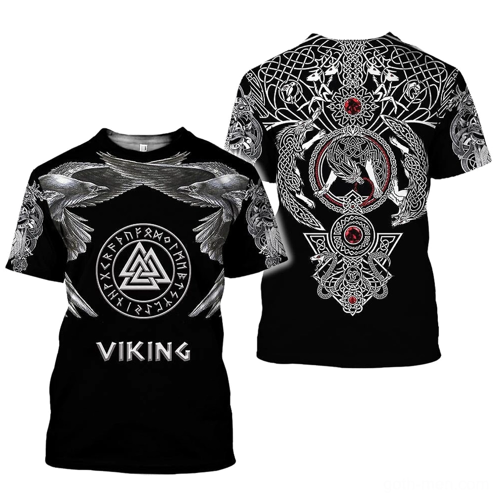 Black Viking 3D graphic t-shirt back view with Celtic knot and wolf pattern - gothic alternative apparel