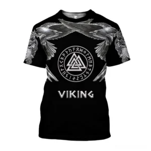 Black Viking Valknut 3D graphic tee front view with Norse runes and eagle print - gothic short sleeve o-neck shirt