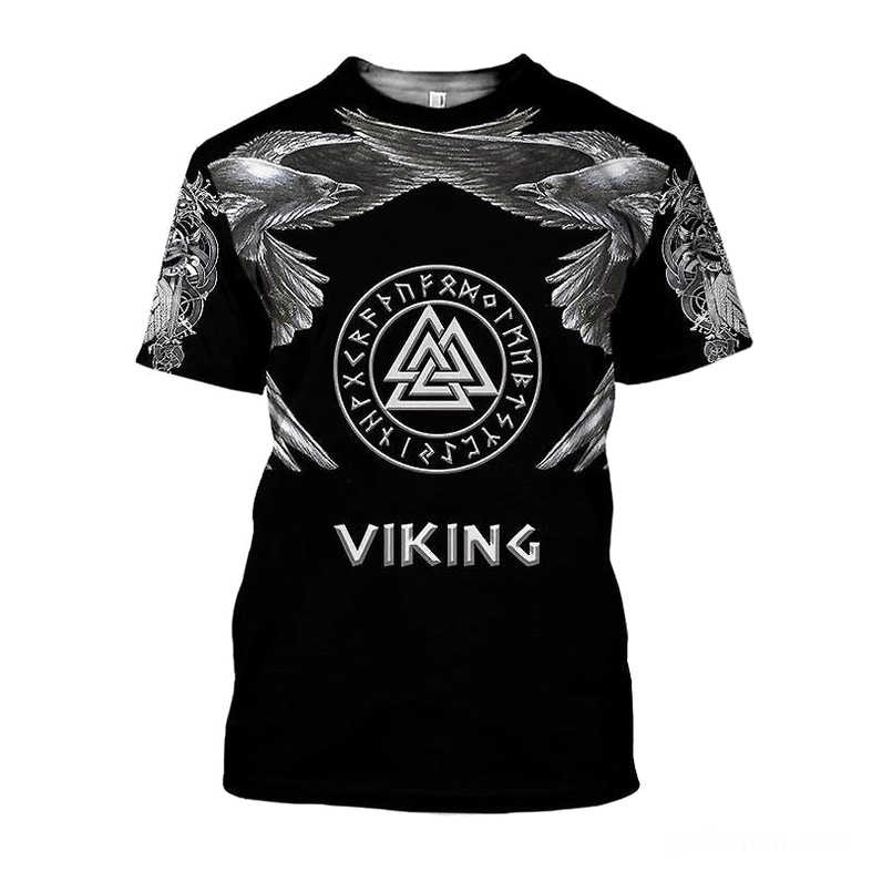 Black Viking Valknut 3D graphic tee front view with Norse runes and eagle print - gothic short sleeve o-neck shirt