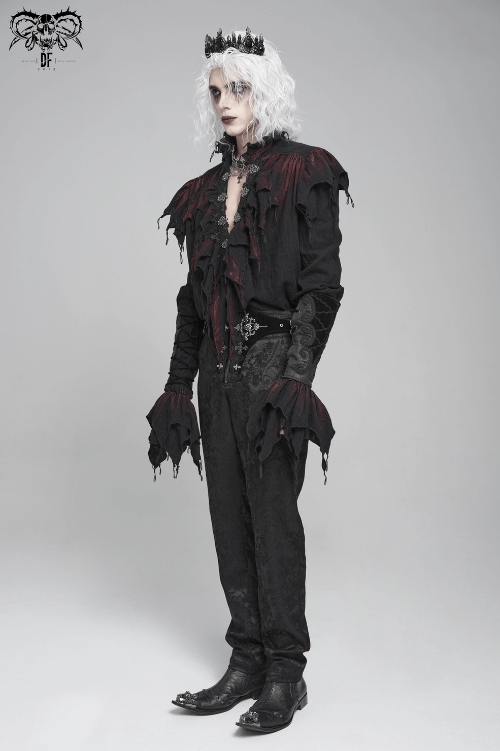 Vampire-inspired gothic ruffled shirt with silver clasps, dramatic theatrical performance wear