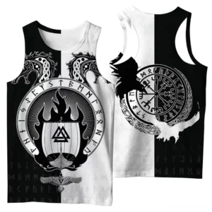 Norse Vegvisir compass and raven design on back of gothic viking sleeveless tank top black and white print