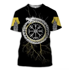 Vegvisir Viking compass 3D graphic print tee with black base and yellow lightning dragon design, front view flat lay on white background