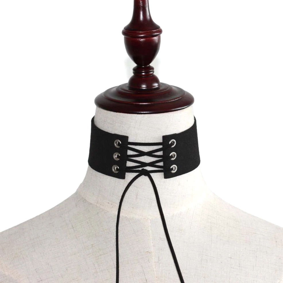 Detailed close-up of suede velvet lace-up choker showing metal grommet construction and texture