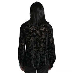 Black velvet flocked piranha gothic shirt for men back view showing all-over floral piranha pattern on model