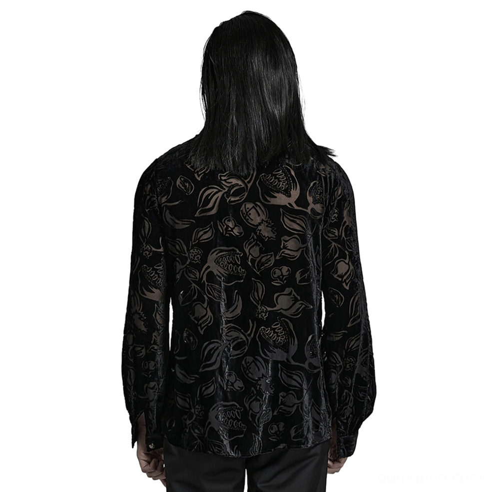 Black velvet flocked piranha gothic shirt for men back view showing all-over floral piranha pattern on model