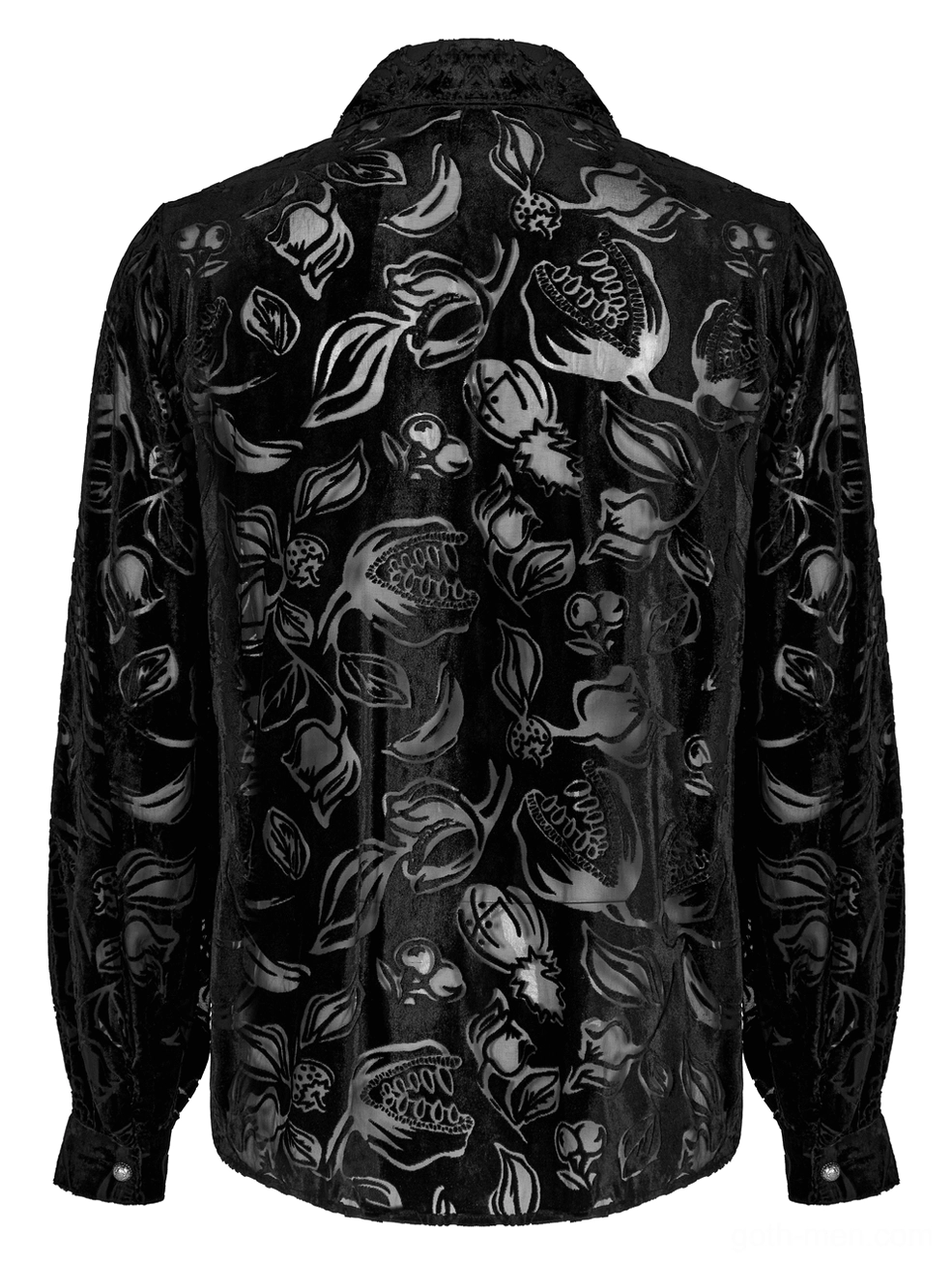Black velvet flocked piranha gothic shirt for men back flat lay showing dense all-over printed floral piranha pattern