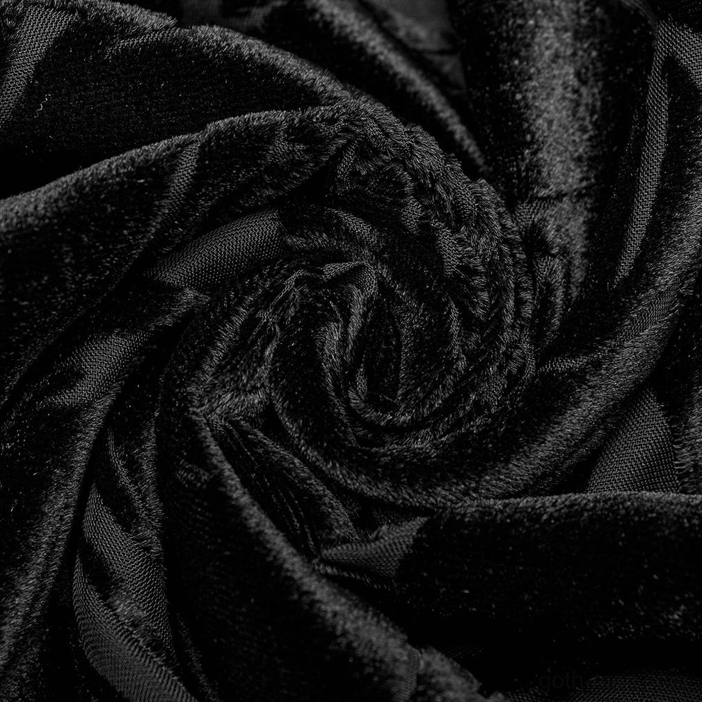 Black velvet flocked piranha gothic shirt for men sleeve detail showing flowing bishop sleeve construction and flocked overlay
