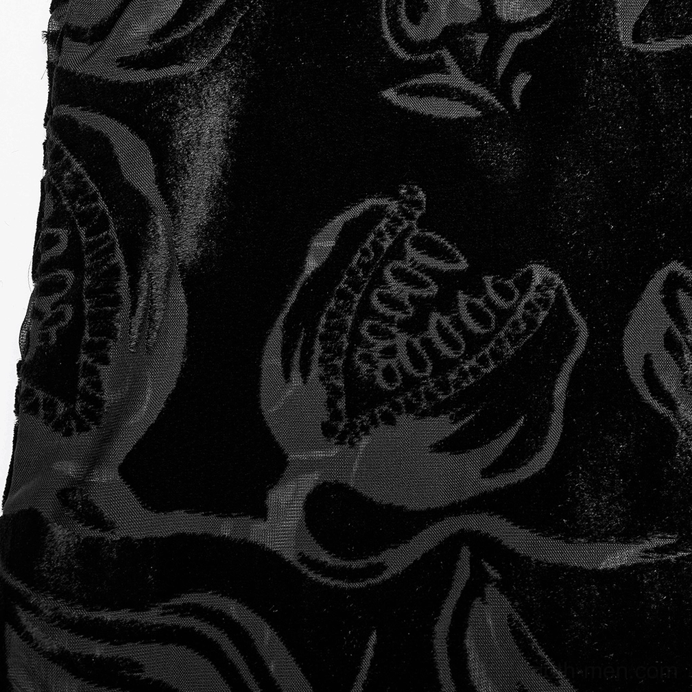 Black velvet flocked piranha gothic shirt for men close-up fabric detail showing luxurious velvet flocking and monster flower print