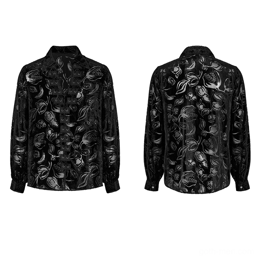 Black velvet flocked piranha gothic shirt for men flat lay front and back display showing complete design and lace-up details