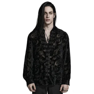 Black velvet flocked piranha gothic shirt for men worn by model front view with lace-up placket and bishop sleeves