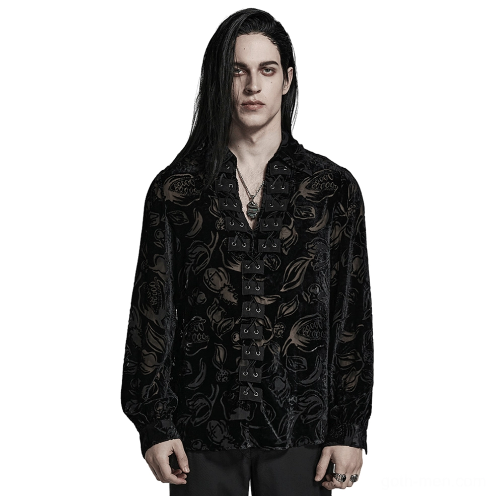 Black velvet flocked piranha gothic shirt for men worn by model front view with lace-up placket and bishop sleeves