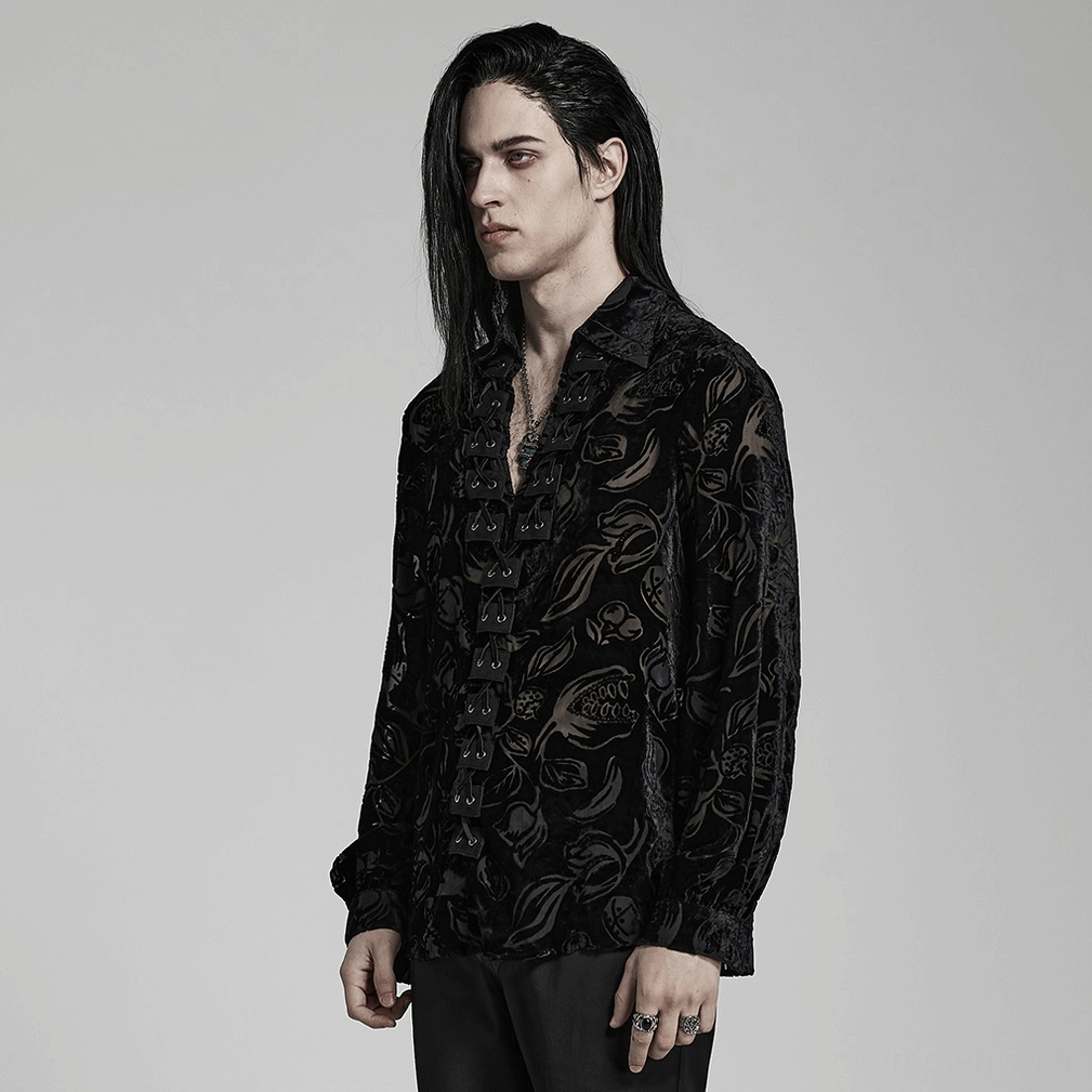 Black velvet flocked piranha gothic shirt for men full length flat lay showcasing complete garment proportions and design elements