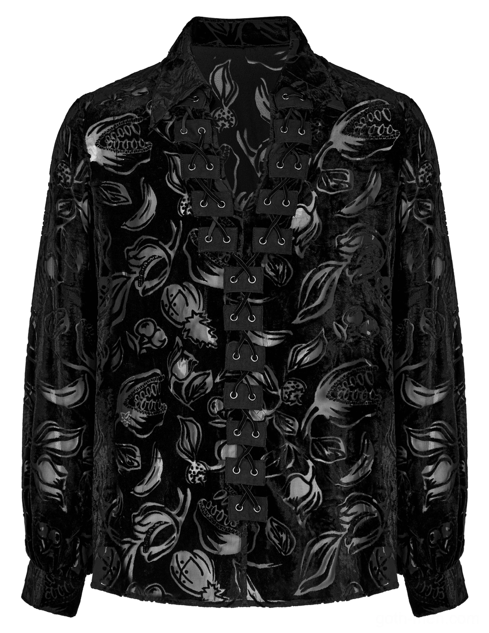 Black velvet flocked piranha gothic shirt for men front flat lay showing lace-up front closure and metal eyelets