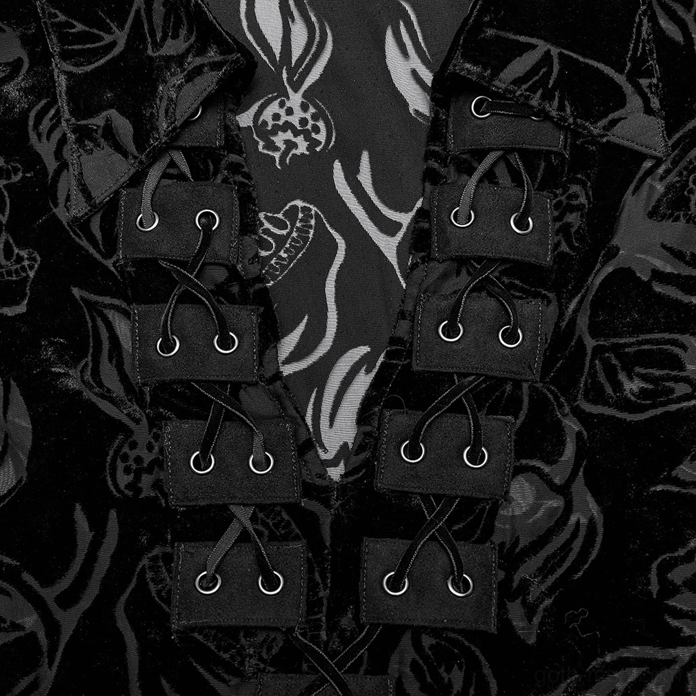 Black velvet flocked piranha gothic shirt for men placket detail showing ornamental lace-up buckle and metal eyelet hardware