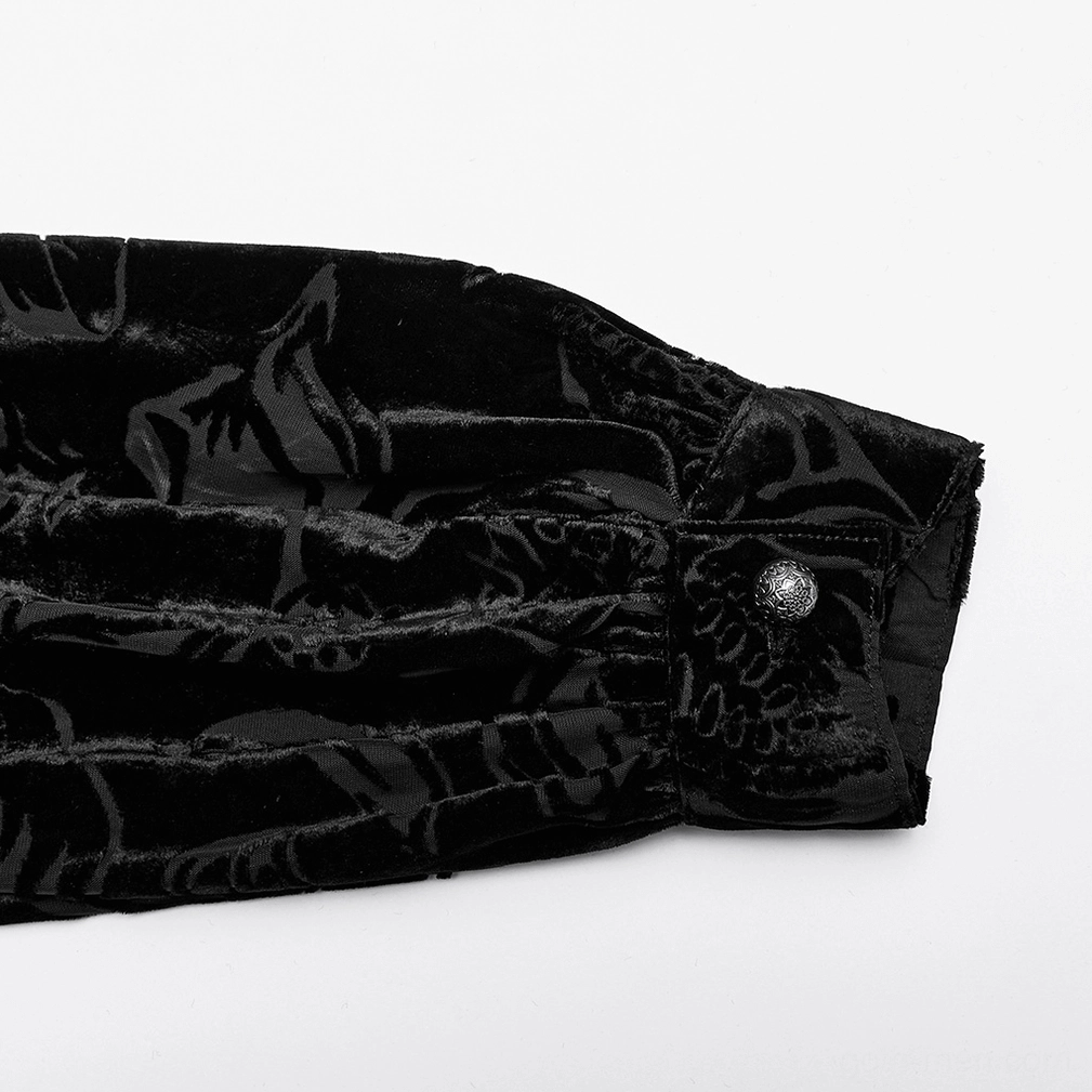 Black velvet flocked piranha gothic shirt for men cuff detail showing decorative carved mushroom button and velvet texture