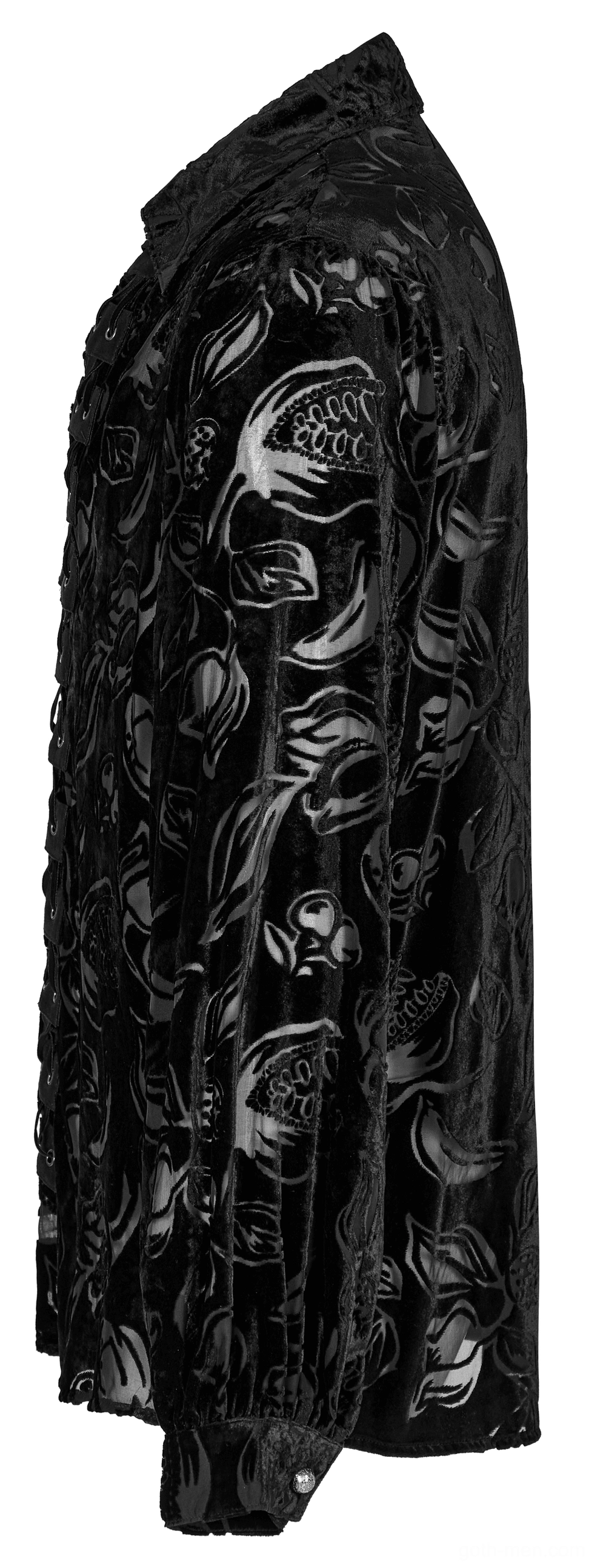 Black velvet flocked piranha gothic shirt for men side flat lay displaying sheer base layer and velvet overlay texture