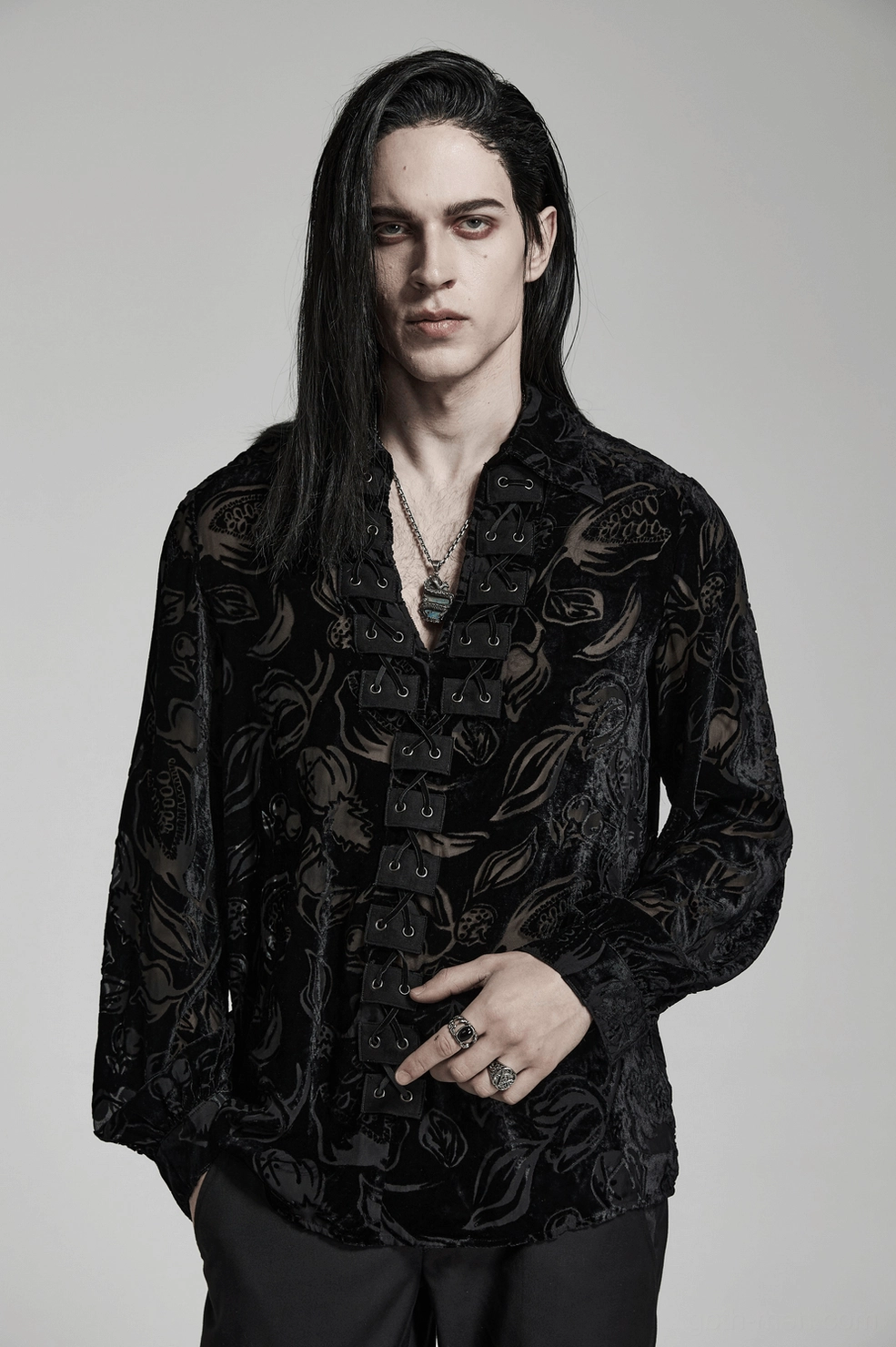 Black velvet flocked piranha gothic shirt for men size comparison featuring multiple sizes laid flat on white background