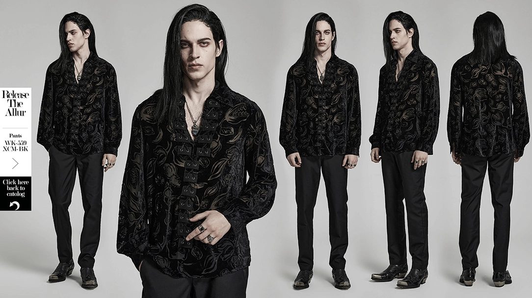Black velvet flocked piranha gothic shirt for men suede loop accents and construction details on front placement