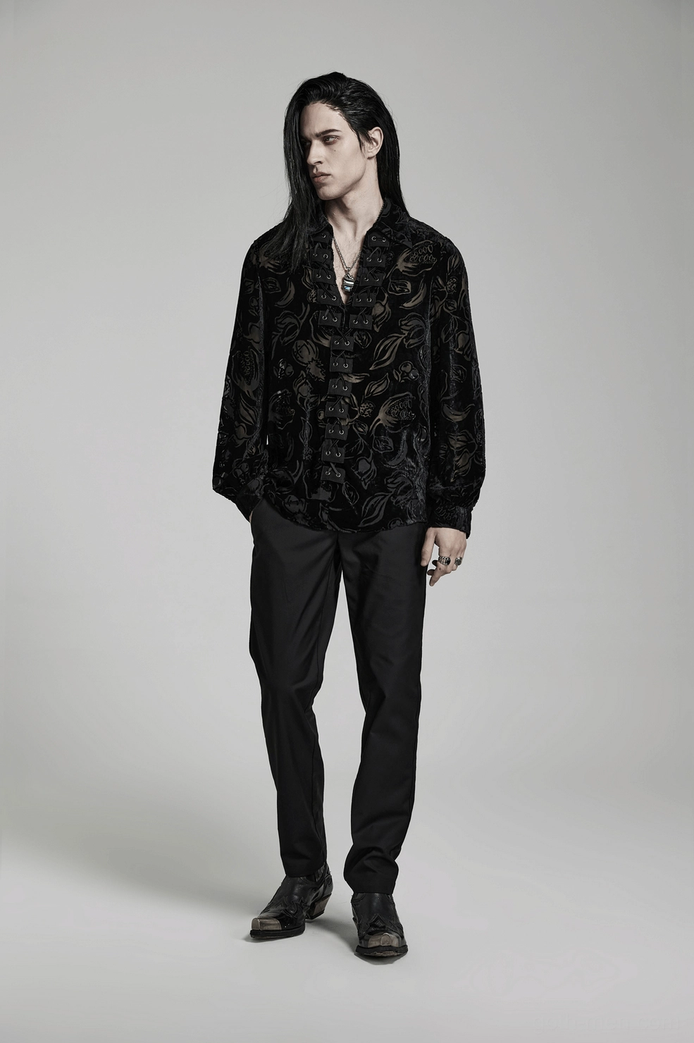 Black velvet flocked piranha gothic shirt for men texture and pattern showcase highlighting velvet flocking quality and piranha motif