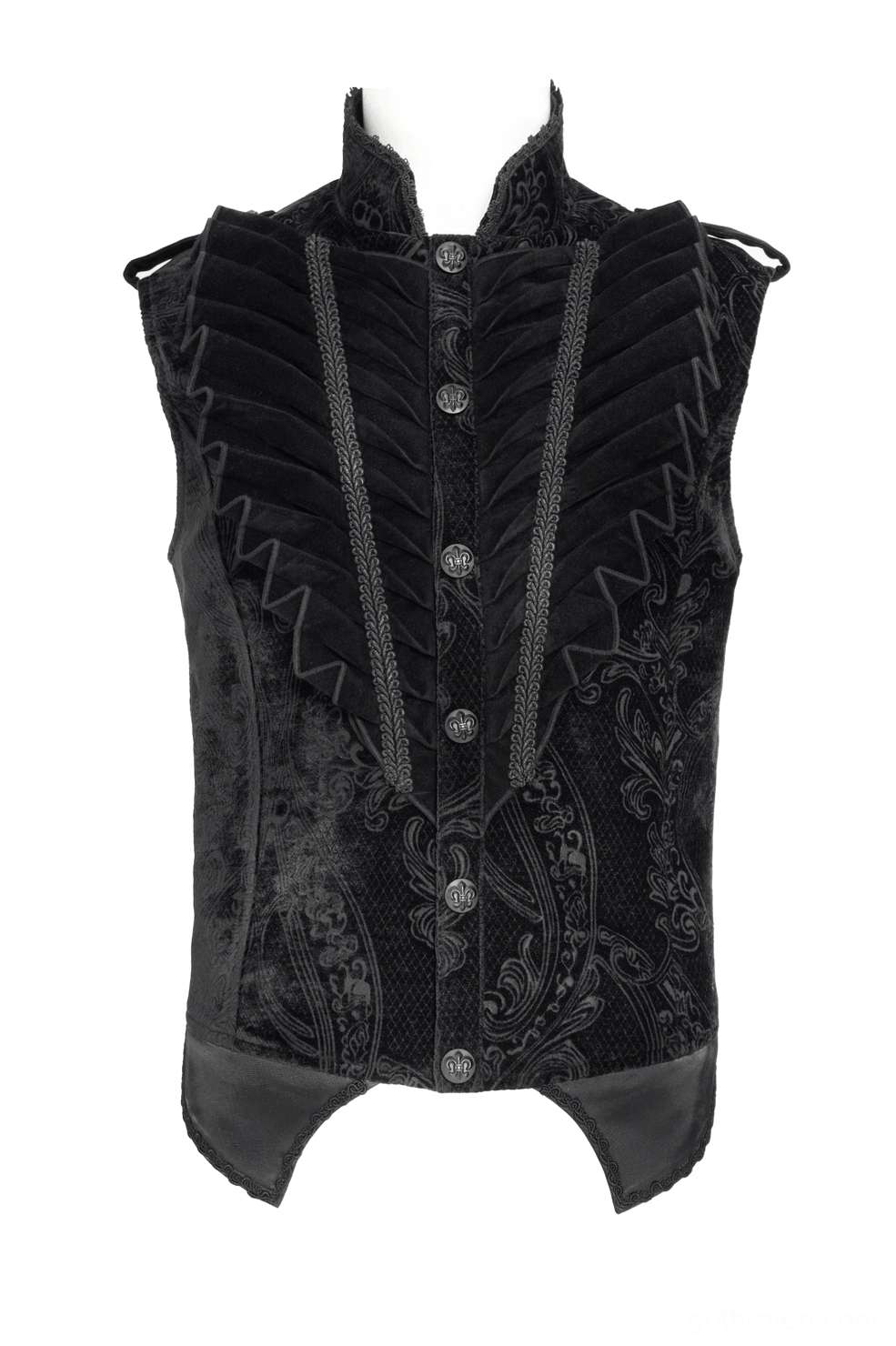 Front flat display of men's gothic velvet waistcoat highlighting pleated chest trim and sculptured front panels