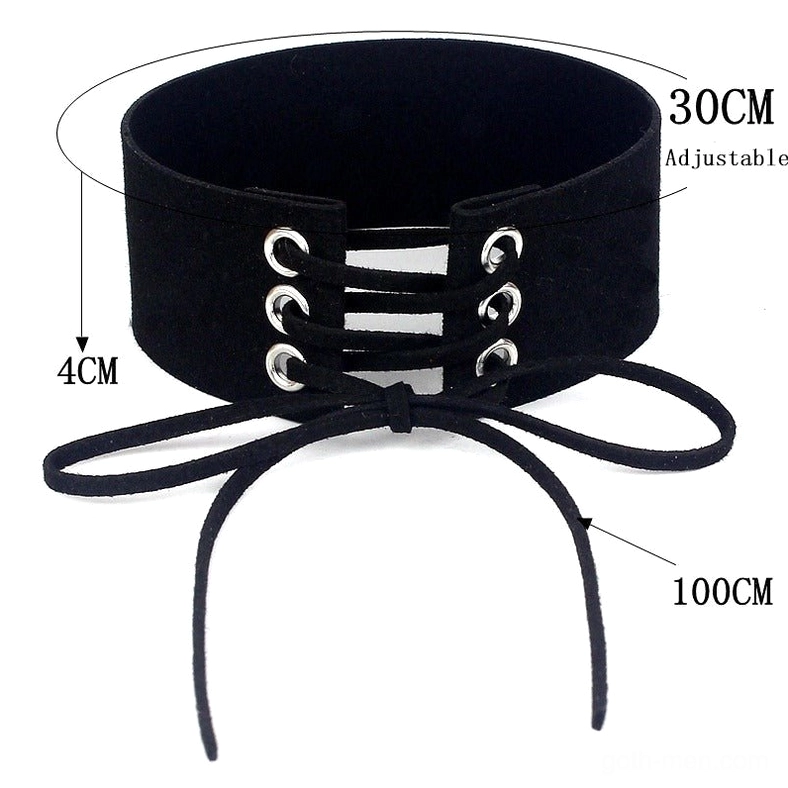 Multiple velvet lace-up chokers in various gothic colors showcasing color range and design details