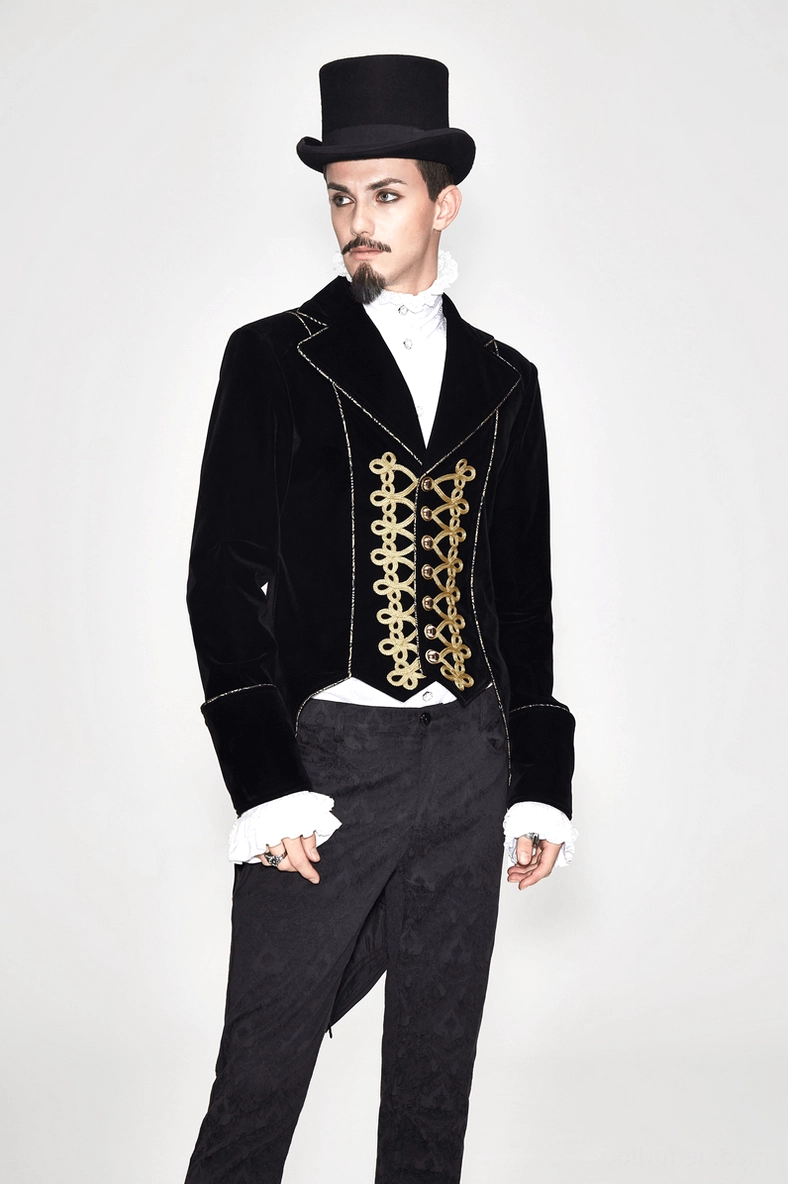 Detailed view of black velvet tailcoat construction and gold embroidery pattern across garment