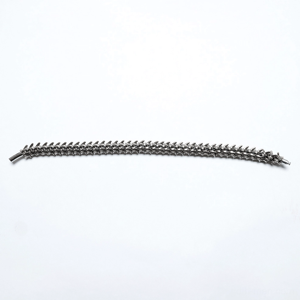 Close-up side view of choker chain section showing thin vertebrae links and polished silver metal construction detail