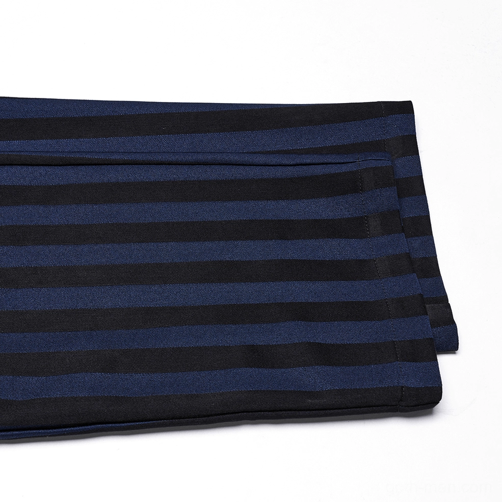 Black-blue gothic slim-fit trousers detail shot of vertical stripe pattern and construction quality