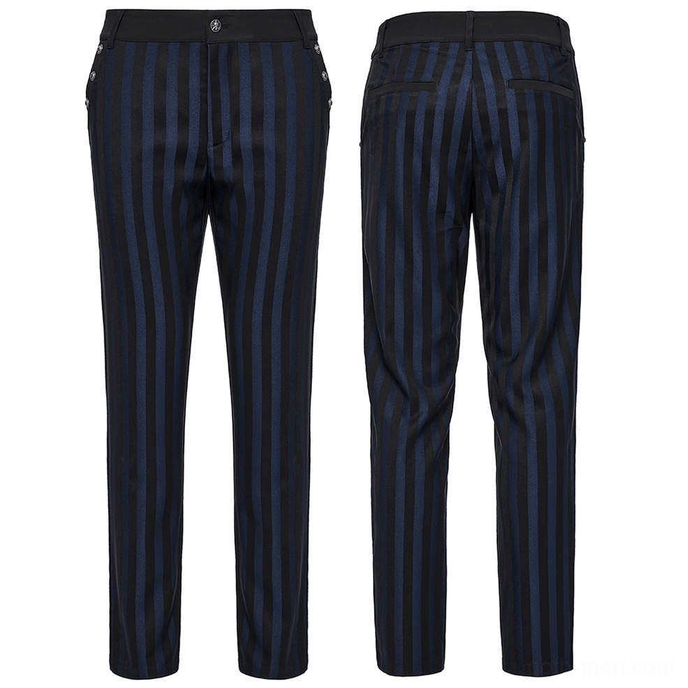 Black-blue striped gothic trousers front and rear flat lay pair showing complete design on white background