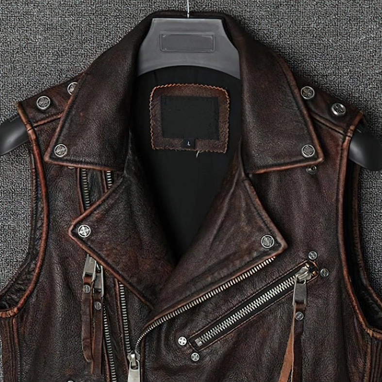 Close-up detail of leather biker vest metal snap buttons and lapel construction vintage brown