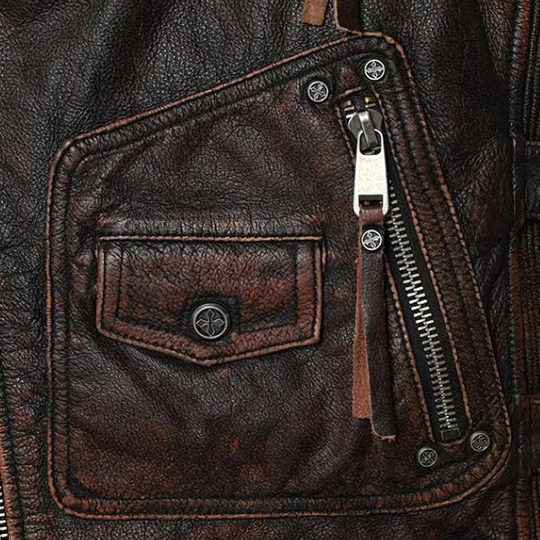 Genuine leather biker vest seam and stitch quality craftsmanship vintage brown