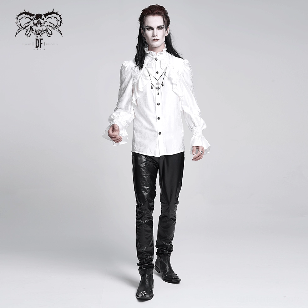 Victorian gothic white ruffled shirt displaying full design with stand collar ruffles, embroidered trim, layered front ruffles, and smocked cuff bell sleeves on dress form