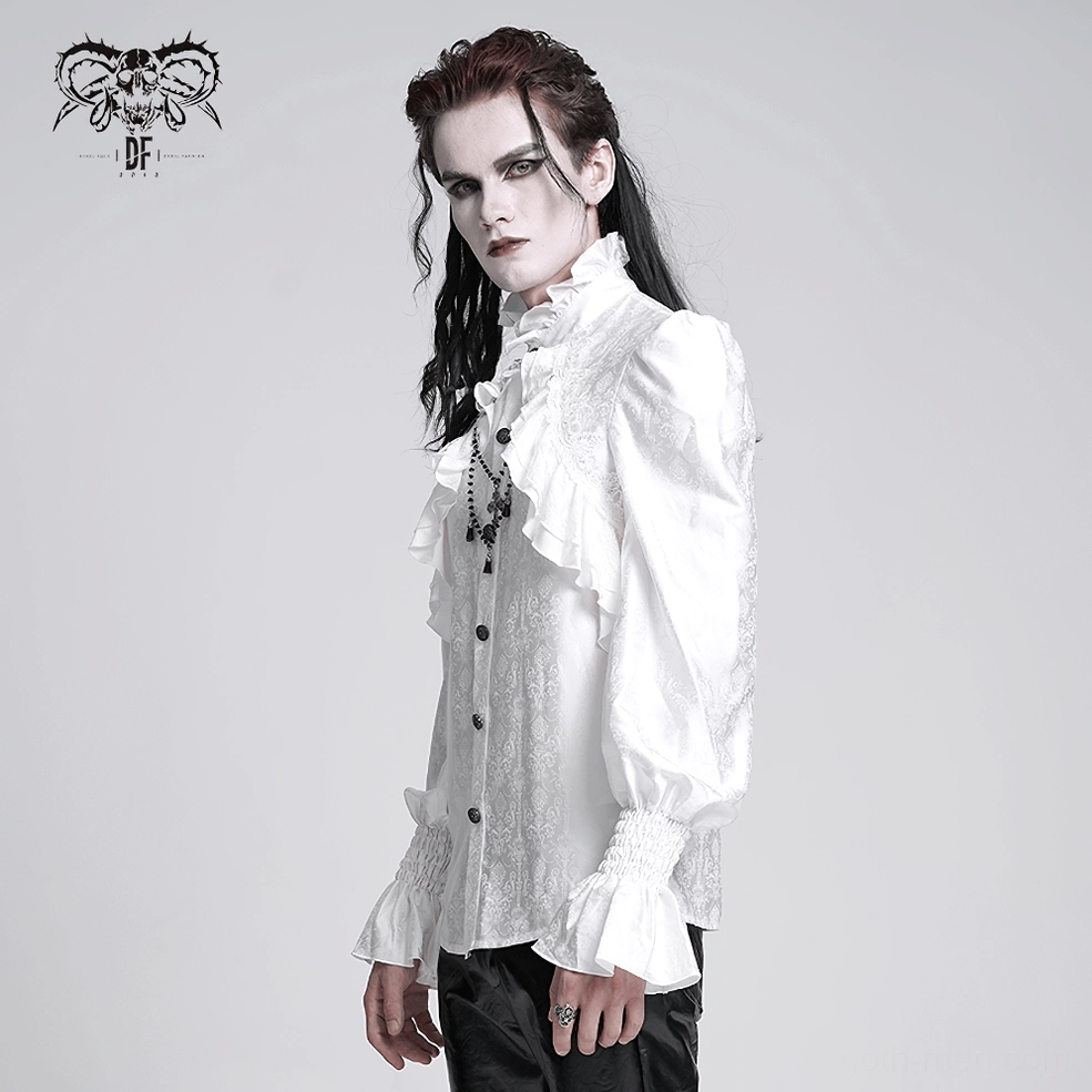 Victorian gothic white ruffled shirt full front view on display form, showing complete silhouette with stand collar, cascading front ruffles, fitted body, and black button closure