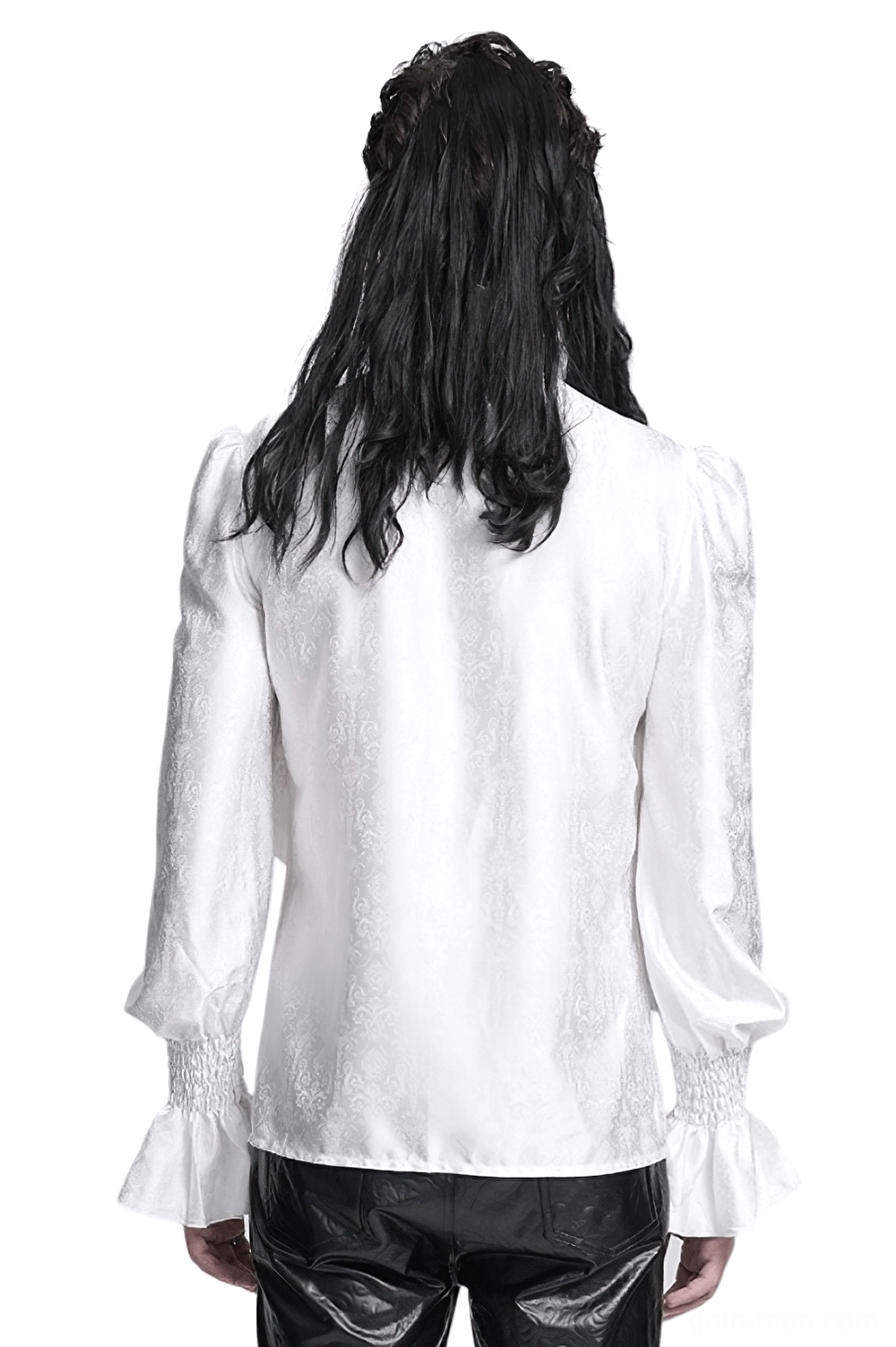 Victorian gothic ruffled white shirt rear view on male model with long black hair, showing back panel with jacquard texture and puff sleeves layered with faux leather goth styling