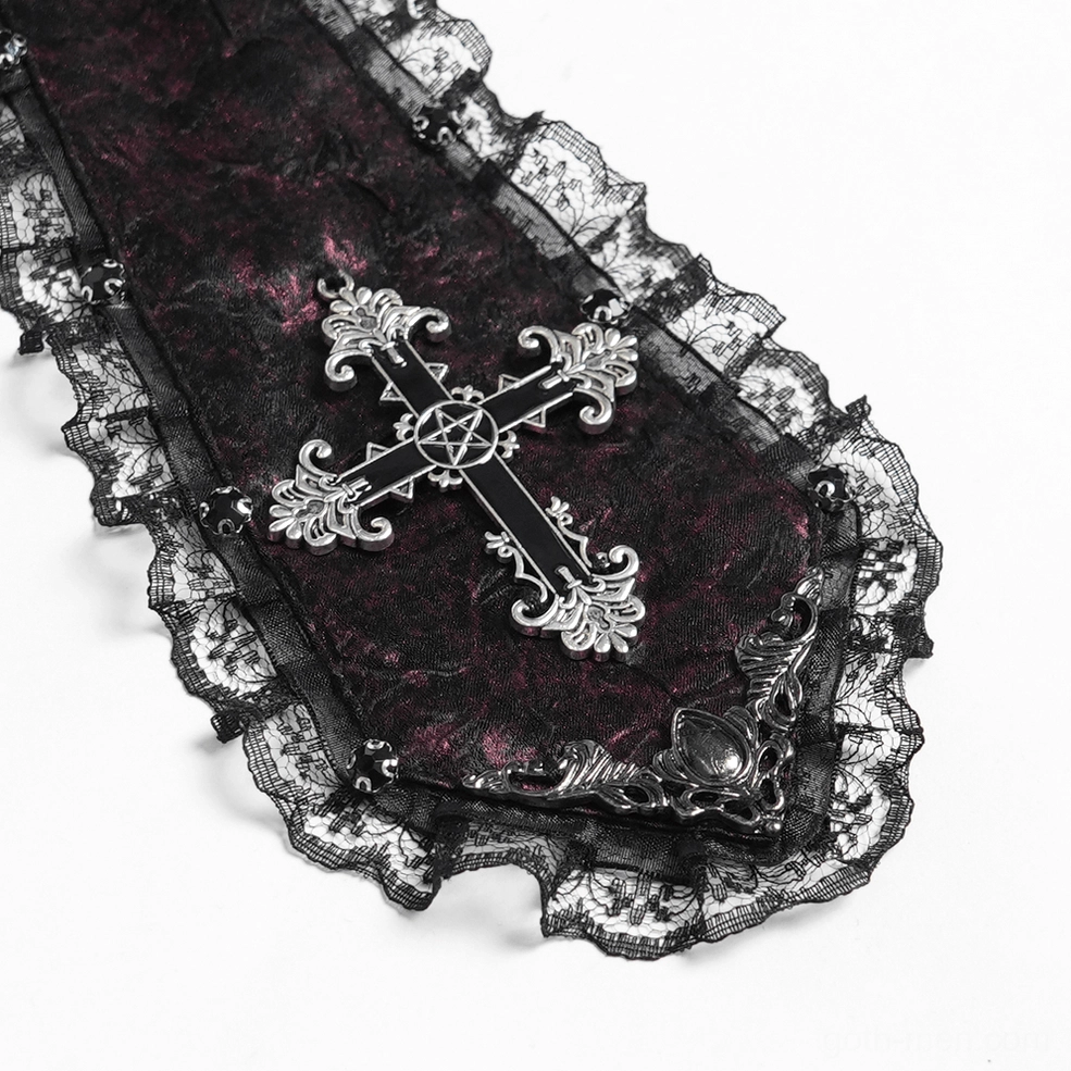 Burgundy Gothic cameo cross cravat neckwear styled with Victorian formal accessories