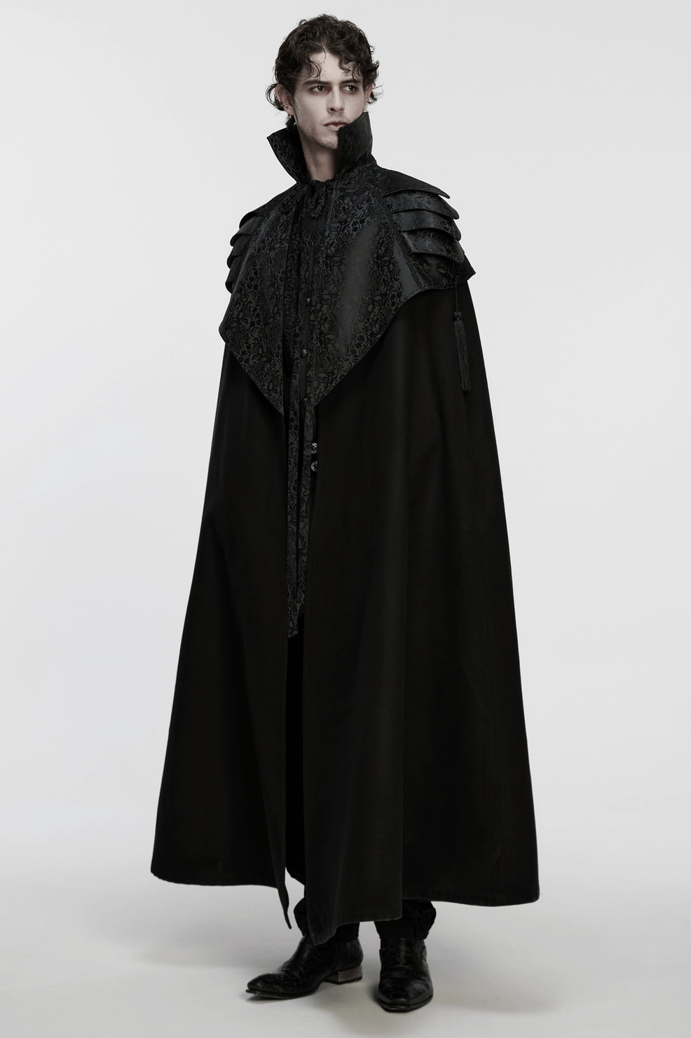 Victorian gothic cape with intricate shoulder armor - fine jacquard weave and embroidered trim details