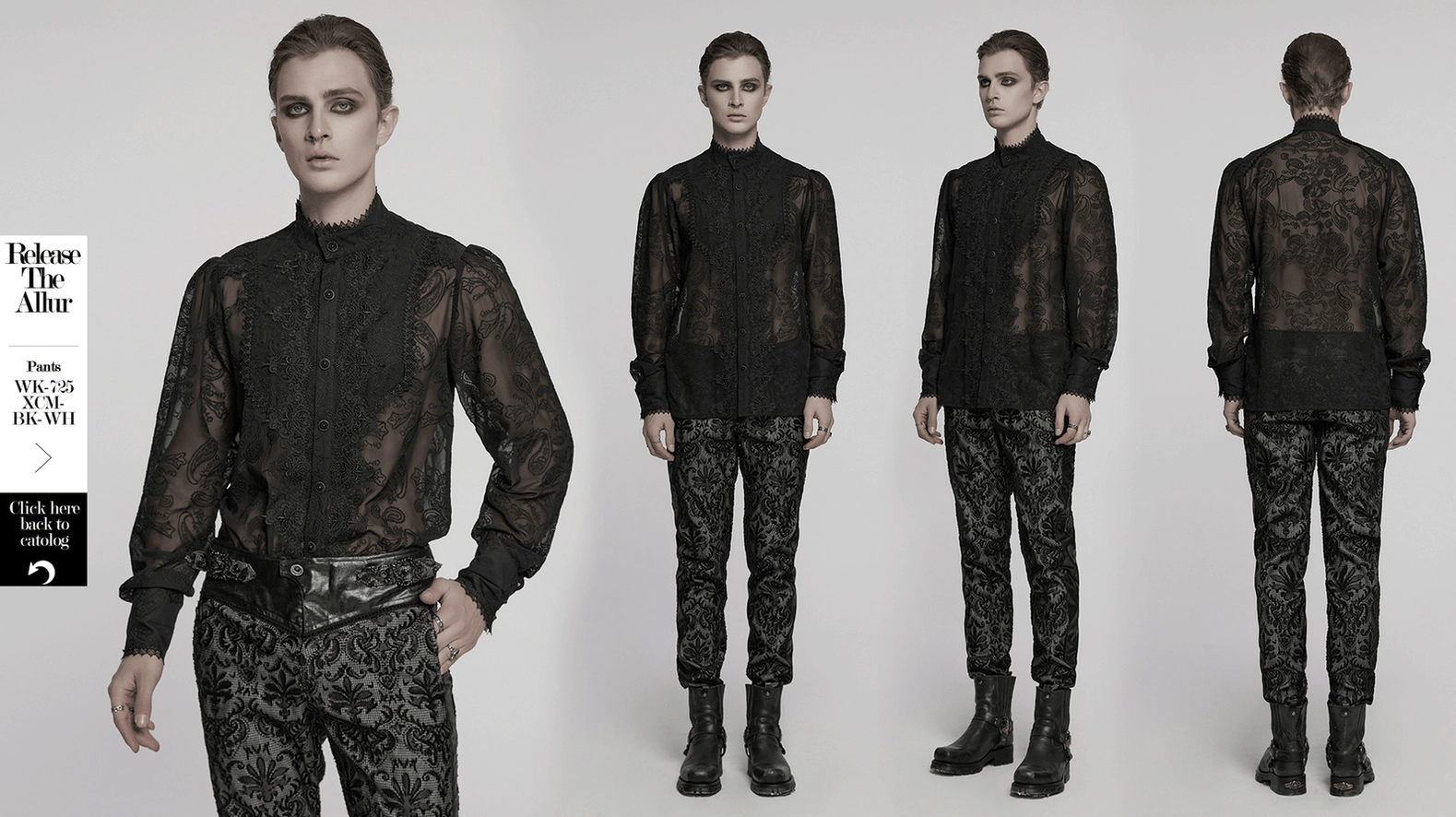 Black Victorian gothic chiffon shirt with full embroidered paisley pattern and scalloped lace collar accent
