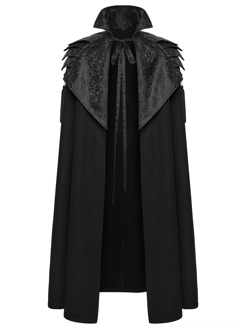 Victorian gothic cloak product view - standing high collar with jagged layered shoulder armor structure