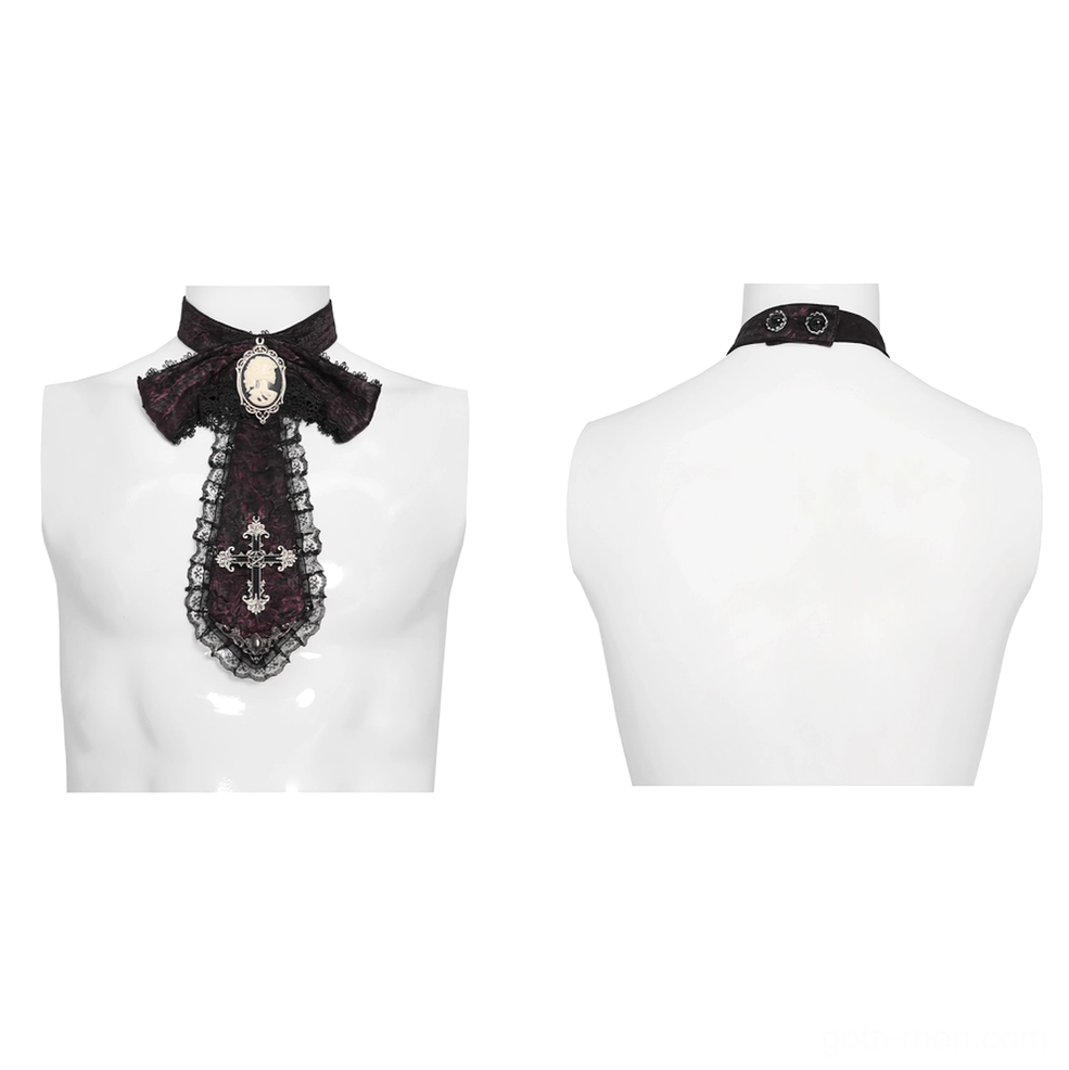 Front and back mannequin display of burgundy cameo cross lace cravat Gothic necktie