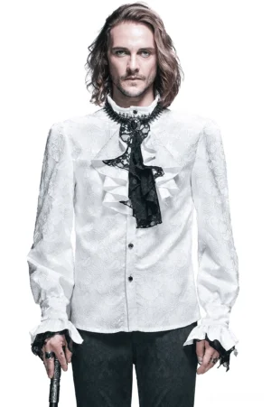 Victorian gothic dress shirt front view on male model, featuring white jacquard fabric with black lace jabot and decorative buttons