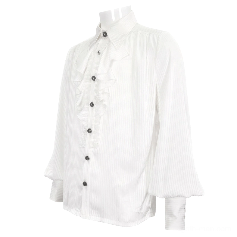 White victorian-style formal shirt on display mannequin, front three-quarter angle showcasing vertical stripe pattern and buttoned placket