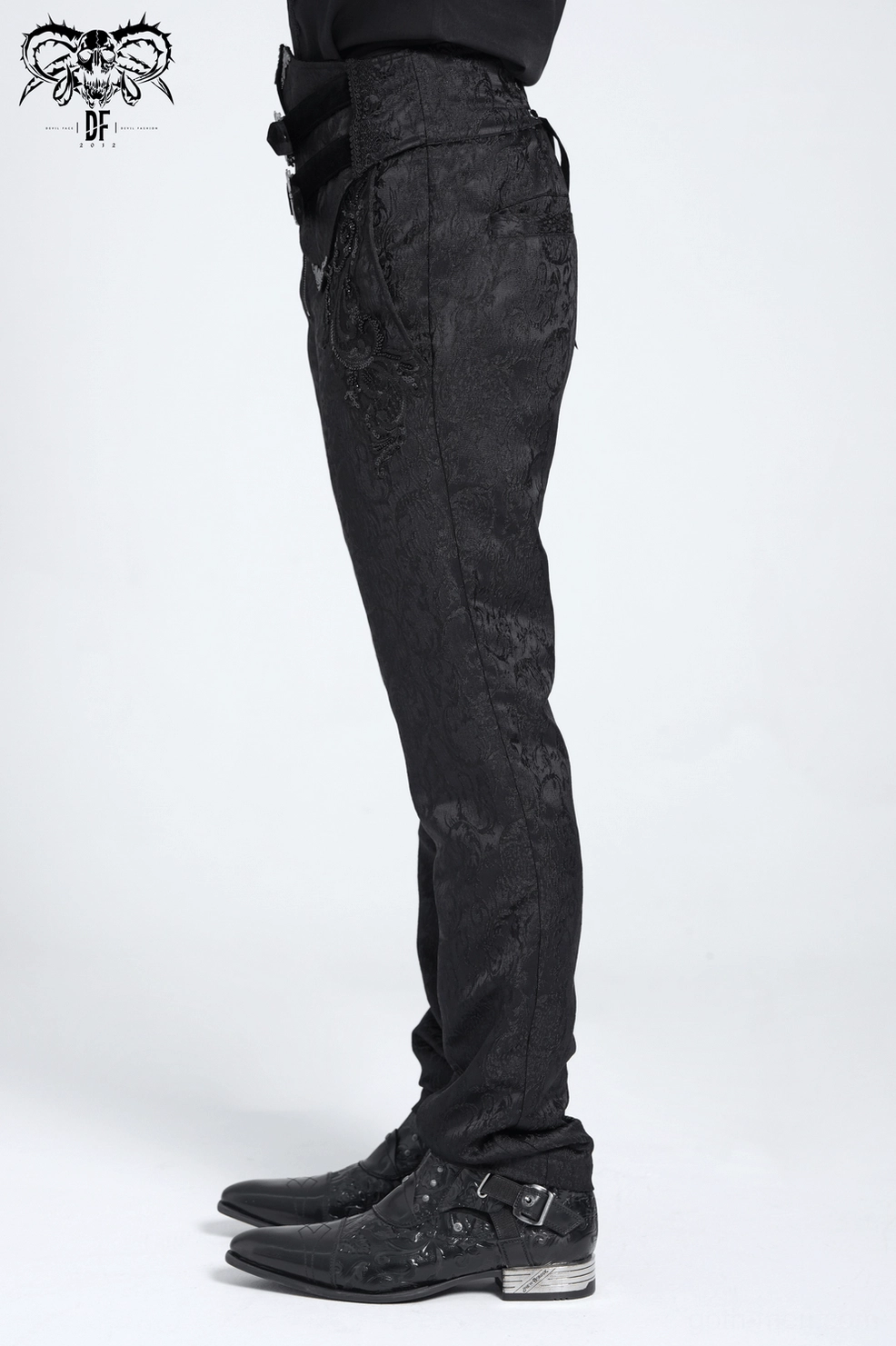 Black Victorian gothic jacquard pants - angled view highlighting tapered silhouette and metal buckle waist system