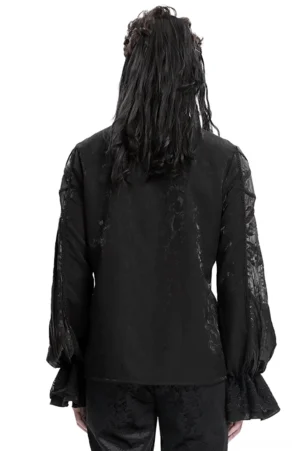 Victorian gothic black lace shirt back view showing solid fabric and ruffled flared cuffs