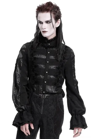 Men's Victorian gothic black lace shirt front view with ruffled collar and sheer lace sleeves