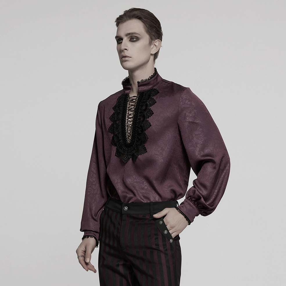 Victorian gothic men's lace shirt burgundy - romantic dark fashion stand-up collar design