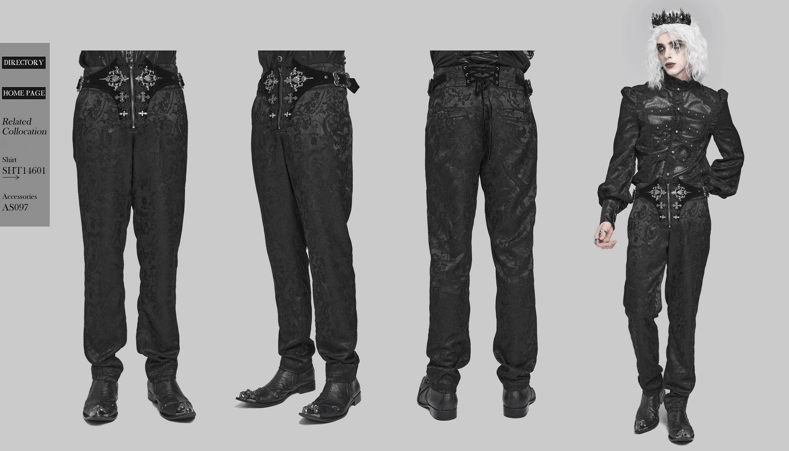 Victorian gothic embroidered cargo pants detail shot highlighting silver cross embroidery and luxurious fabric
