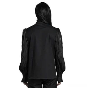 Victorian gothic pleated lace-up shirt back view on model, displaying clean back panel and pleated bishop sleeves