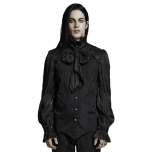 Victorian gothic pleated lace-up shirt front view on male model with long hair, showing cage visual design and ruffled high collar