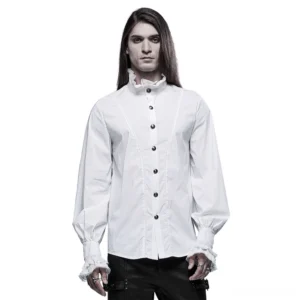 Victorian aristocrat ruffled gothic shirt front view on model - white cotton formal wear with lace stand collar