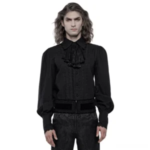 Victorian gothic ruffled black cotton shirt front view with lace jabot and removable bow tie